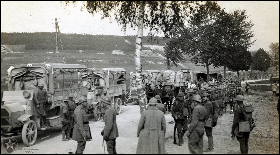 5th Regiment Marines leaving Sommedieue, France, in trucks, May 11, 1918.