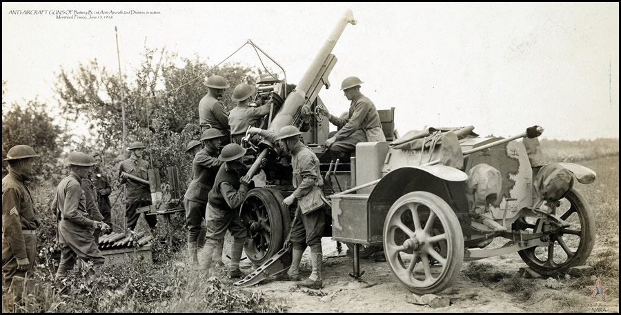 ANTI-AIRCRAFT GUNS OF Battery B, 1st Anti-Aircraft 2nd Division, in action, Montreuil, France, June 15, 1918.