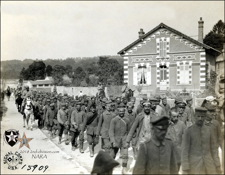 German prisoners captured on night of July 1, 1918, by 9th and 23rd Infantry, at Chateau Thierry, France. La Ferte, France.
