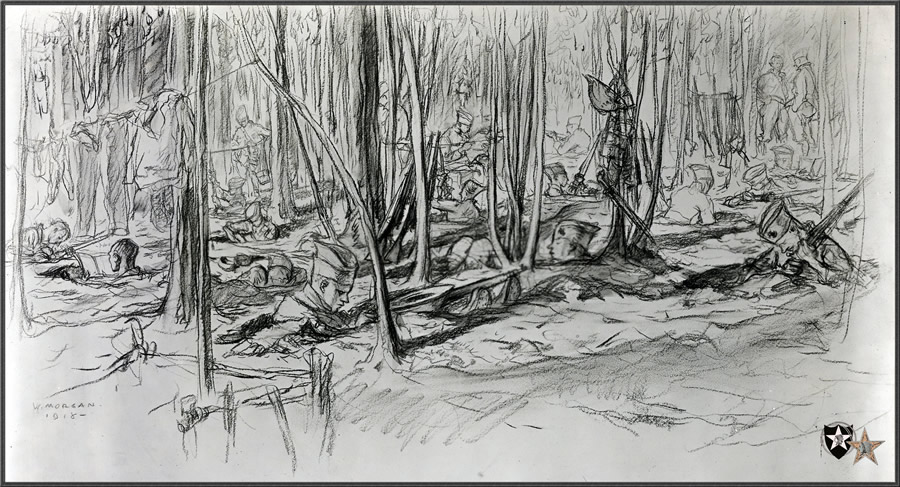 Men of the Fifth Marines in reserve near Montreuil. Art by Captain Wallace Morgan 1918