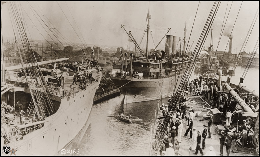 Fifth Marines on the naval transports Henderson and Hancock, and the auxiliary cruiser DeKalb arriving St. Nazaire, France.