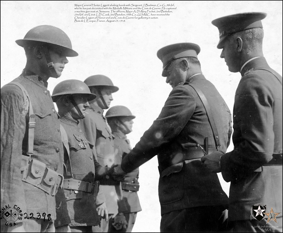 MAJOR GENERAL HUNTER LIGGETT, Sergeant J. Bushman, Co. G., 9th Inf., Major A. D'Alary Fechet, 2nd Battalion, 23rd Inf. and Lieut. L.D. Cook, 2nd Batalion, 55th Co., U.S.M.C.