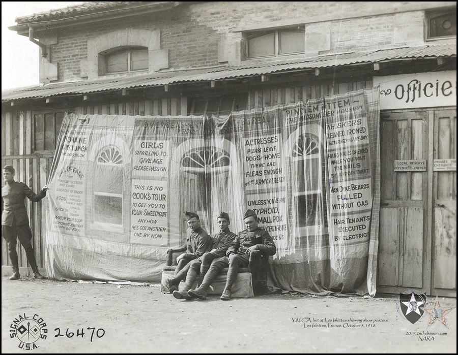 Y.M.C.A. hut at Les Islettes showing show posters. Les Islettes, France. October. 5, 1918.
