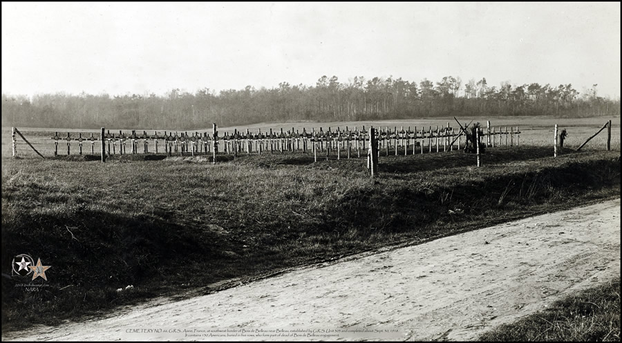 CEMETERY 66, Aisne, France, at SW border of Bois de Belleau, established by G.R.S. Unit 303. Completed abt. Sept. 30, 1918.