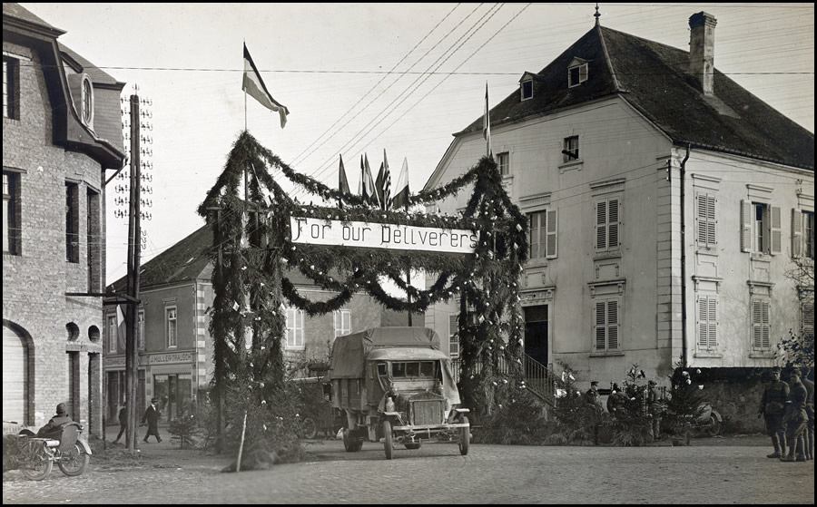 Decorator's Arch welcoming Americans to Mersch, Luxembourg. Taken November 30, 1918.