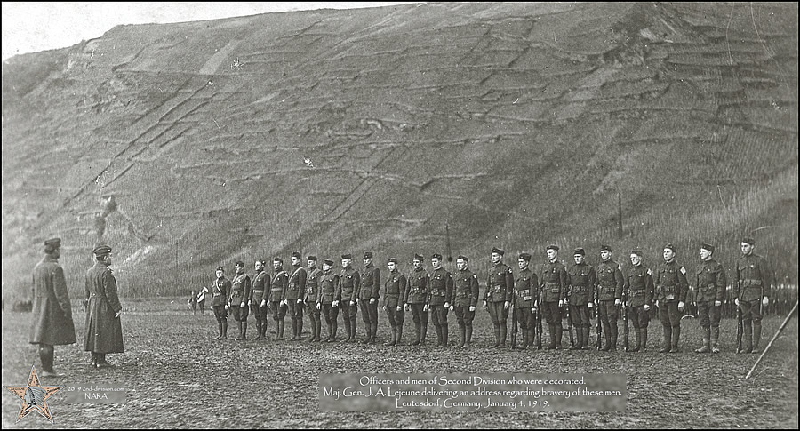 Officers and men of 2nd Div. who were decorated. Maj. Gen. J. A. Lejeune delivering address regarding bravery of these men. Leutesdorf, Jan. 4, 1919.