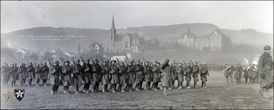 Colors, 5th Marines, passing Brig. Gen. W. C. Neville in review. Hausen, Germany. January 7, 1919.