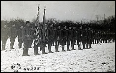 Color bearers of 9th Infantry just before being decorated with D.S.C. Bendorf, Germany.