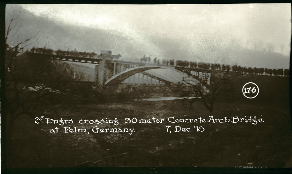 2nd Engineers crossing 30 meter concrete arch bridge at Pelm, Germany.