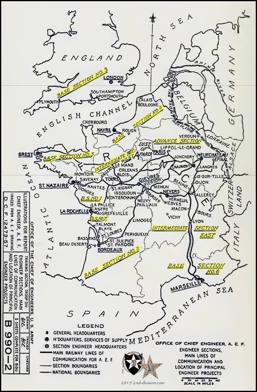 Map of Base Sections in France and England during WW1