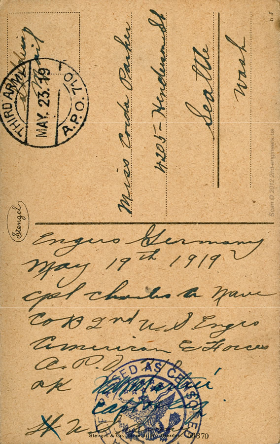 1919 postcard sent from Engers, Germany by Charles A. Nave, 2nd Engineers.