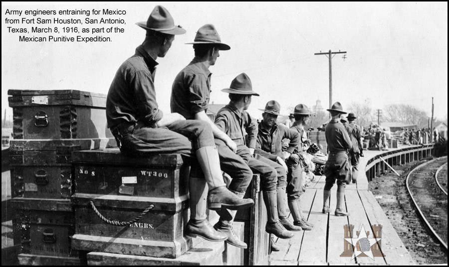 Army engrs. en-training for Mexico from Ft. Sam Houston, San Antonio, TX, 3-8-16, as part of the Mexican Punitive Expedition.