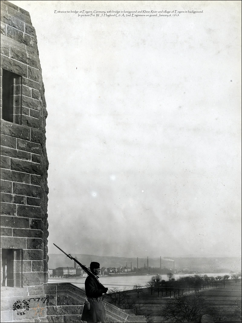 Entrance to bridge at Engers, Germany. Pvt. W. J. Haglund Co. A, 2nd. Engineers on guard. 1919.