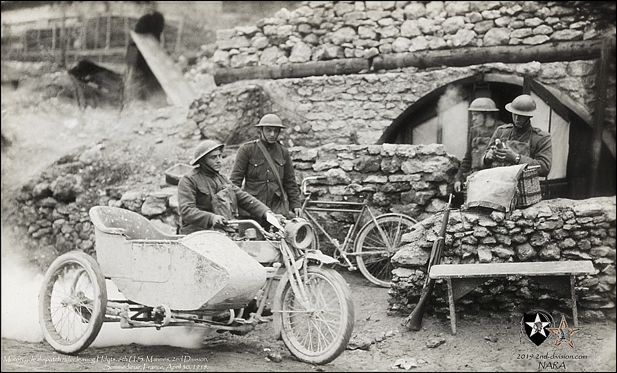 Motorcycle dispatch rider leaving Hdqts. 6th U.S. Marines, 2nd Division, Sommedieue, France, April 30, 1918.