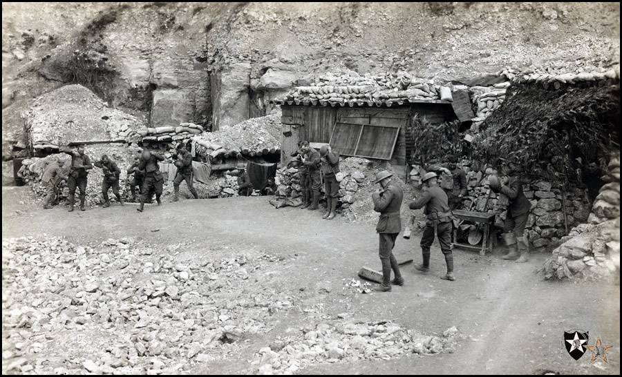 Members of the Sixth Regiment of Marines in the Verdun sector responding to a gas alarm, April 30, 1918.