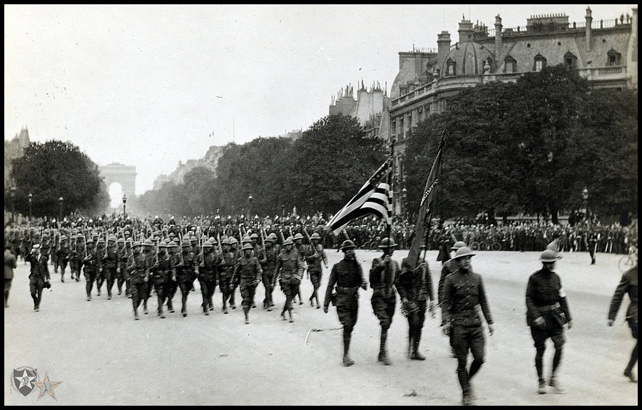 Sixth Reg. U. S. Marines turning into the Champs Elysees toward Place de la Concorde. Independence Day parade. July 4, 1918.