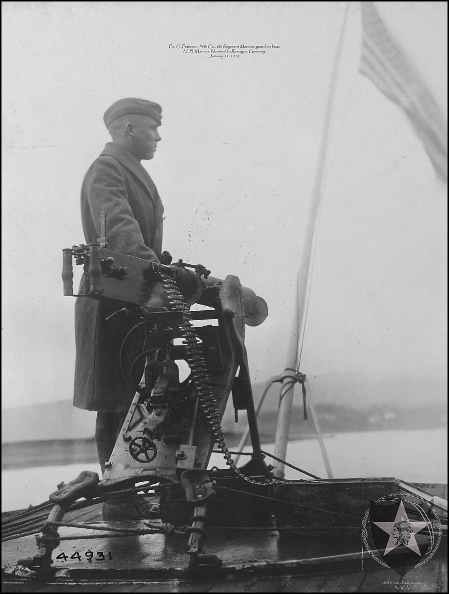 Pvt. G. Peterson, 74th Co., 6th Regiment Marines, guard on boat. U.S. Marines. Neuwied to Remagen, Germany. January 11, 1919.