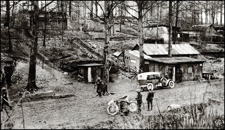 Bomb-proof dugouts at Sommedieue used as headquarters of the Sixth Regiment of Marines. April 30, 1918.