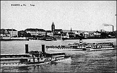 Rhine excursion steamers passing Engers, Germany