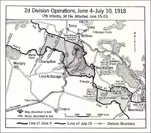 Map of 2d Division Operations, June 4 - July 10, 1918